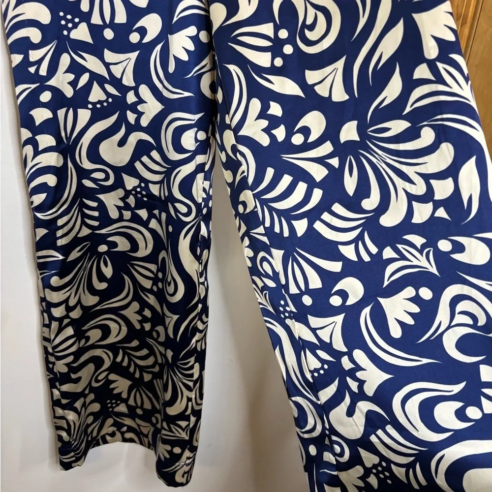 House of Harlow 1960 Blue Cream Patterned Satin Wide Leg Pants - Picture 9 of 10